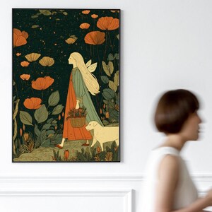 May include: A framed art print depicts a woman with long blonde hair and a flowing green and red dress, walking a dog through a field of orange flowers. The artwork has a whimsical, storybook style with a dark green background.