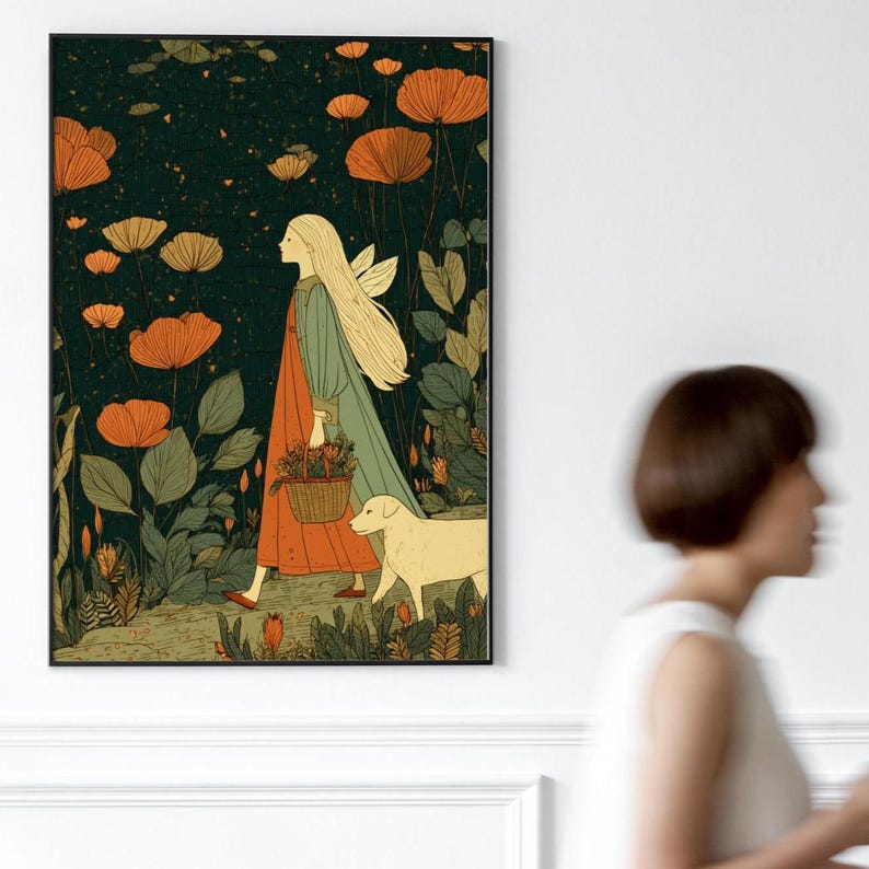 May include: A framed art print depicts a woman with long blonde hair and a flowing green and red dress, walking a dog through a field of orange flowers. The artwork has a whimsical, storybook style with a dark green background.