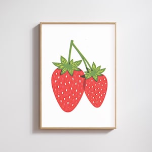 Strawberry Print, Graphic Strawberries Poster, Riso Style Print, Pair of Strawberries Print, Fruit Art, Bold Print, Contemporary Poster