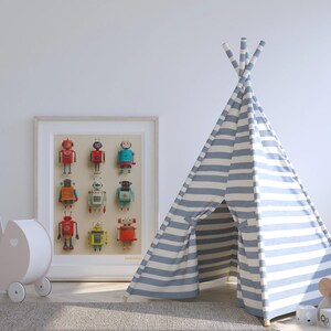 May include: A framed print of colorful robot illustrations, a blue and white striped teepee, and a white toy stroller. The teepee is made of canvas and has wooden poles. The print features robots in various colors.
