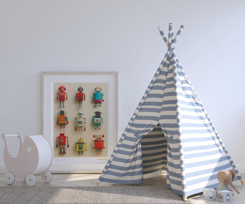 May include: A framed print of colorful robot illustrations, a blue and white striped teepee, and a white toy stroller. The teepee is made of canvas and has wooden poles. The print features robots in various colors.