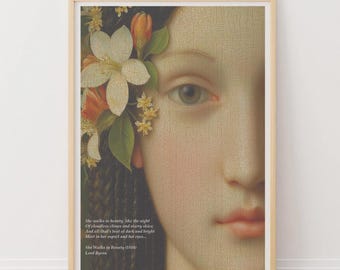 Lord Byron Quote, She Walks in Beauty Art Print: Botticelli Style Byron Poem, Pretty Wall Art