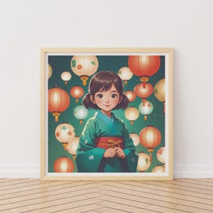 Poster di ragazza giapponese, stampa di lanterna giapponese, lanterne giapponesi, bella illustrazione anime, stampa giapponese, poster kawaii, regalo kawaii