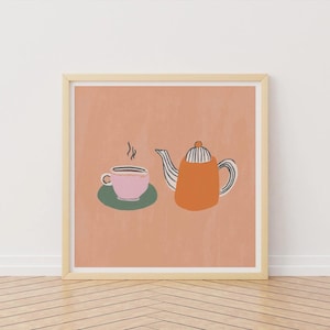 Poster con teiera, stampa artistica con tazza di tè, stampa quadrata moderna per cucina, arte con tazze e piattini, arte con tecniche miste, bella arte con teiera e tazza, arte murale