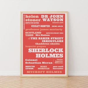 Sherlock Holmes Poster, Red Typographic Print, Arthur Conan Doyle, Characters in Sherlock Holmes Stories, Detective Series, Literature Print