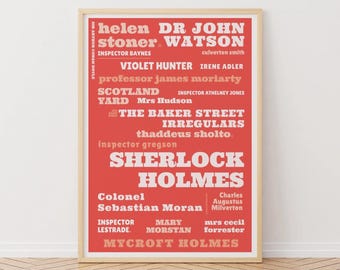 Sherlock Holmes Character Print: Red Typographic Art, Detective Series, Gift for Book Lover, Detective Wall Print, Dr Watson Art