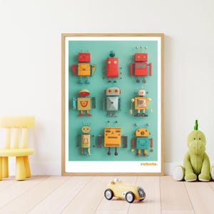 Poster di robot, stampa di robot giocattolo arancione e giallo, opera d'arte di robot retrò, robot vintage, stampa per bambini, stampa per sala giochi, camera da letto per ragazzi, arredamento fantascientifico