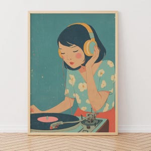 Vintage DJ Girl Print | Retro Turntable Illustration, Indie Poster