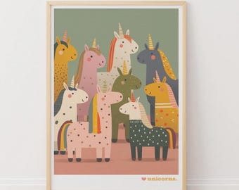 Unicorn Friends Art Print: Whimsical Illustrated Nursery Decor, Colourful Girl's Bedroom Art