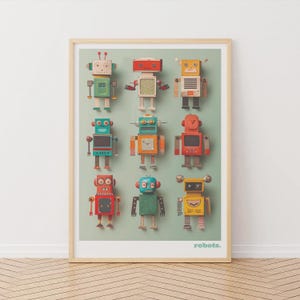 Poster di robot, stampa di robot giocattolo blu, collezione di opere d'arte di robot, robot vintage, regalo per la cameretta dei bambini, stampa per la sala giochi, camera da letto per bambini, arte di robot, giocattoli