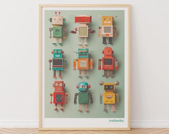 Colorful Robot Print: Vintage Toy Robots Artwork, Nursery Decor