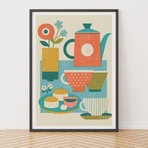 Vintage-Lebensmittelposter, Retro-Teeservice, rustikale Küchendekoration, Risographie-Wandkunst aus der Mitte des 20. Jahrhunderts