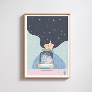 Naturdruck, Weiblich Print, Natur Grafikdruck, Glas Poster, Traum Kunstdruck, Langes Haar Kunstdruck, Hübsches Poster, Pastell Volkskunst