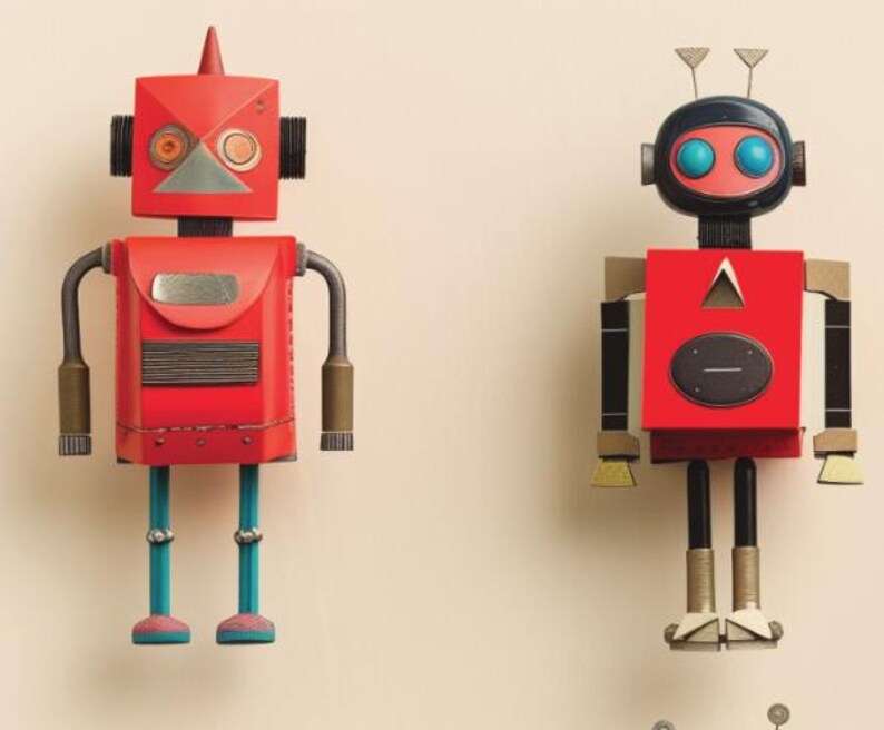 May include: Two red robot figures with geometric shapes and metallic accents. One robot has a square head with a cone on top, while the other has a rounded head with antenna-like features. Both have arms, legs, and various details.