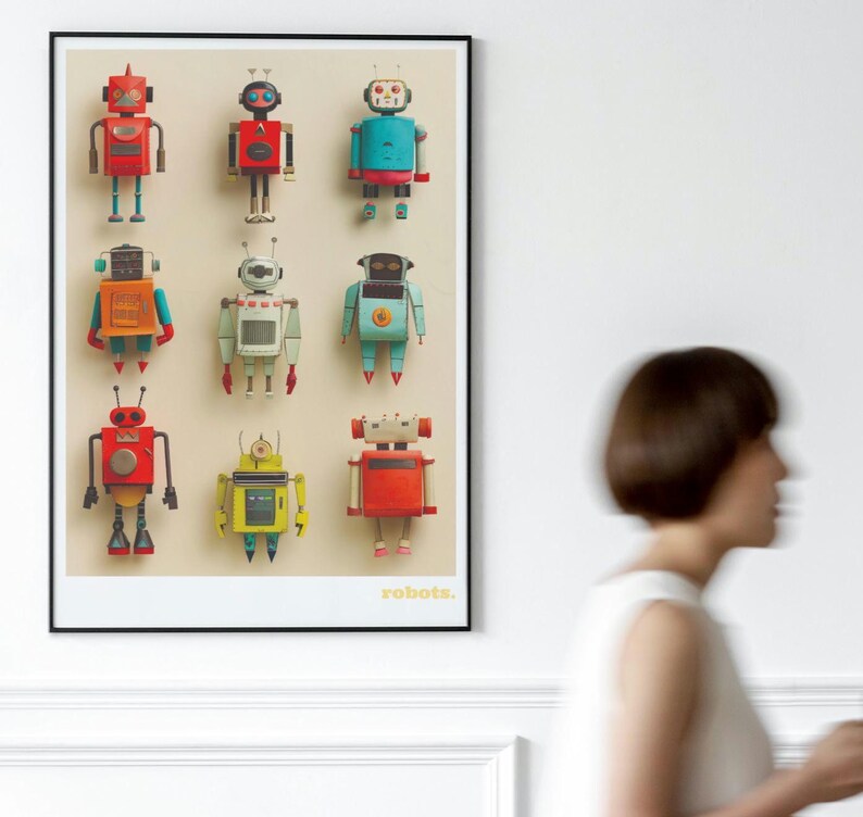 May include: A framed print featuring nine colorful robot illustrations. The robots are in various colors, including red, blue, yellow, and orange, with detailed mechanical designs. The word "robots" is printed in the lower right corner.