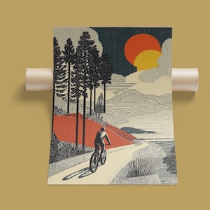 May include: An art print depicting a cyclist on a winding path, with a red and orange sunset in the background. The print features tall trees, rolling hills, and a textured style, creating a scenic landscape. The print is rolled up and held by a beige tube.