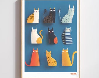 May include: A framed print featuring nine stylized cat illustrations in various colors and patterns against a blue background. The word "cats" is printed in the lower right corner. The artwork is in a wooden frame.