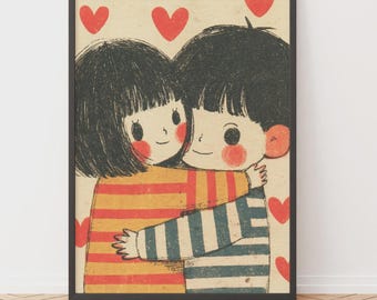 Estampado retro kawaii de pareja abrazándose, corazones rojos, ilustración vintage