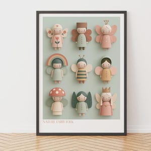 May include: A framed wall art print titled NATURE FAIRY FOLK featuring a grid of nine stylised figures with pastel colours. The characters include fairies with wings, a rainbow, a mushroom cap, and a crown, all set against a light green background.