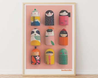 Japanse Kokeshi-poppenprint: kleurrijke houten speelgoedkunst