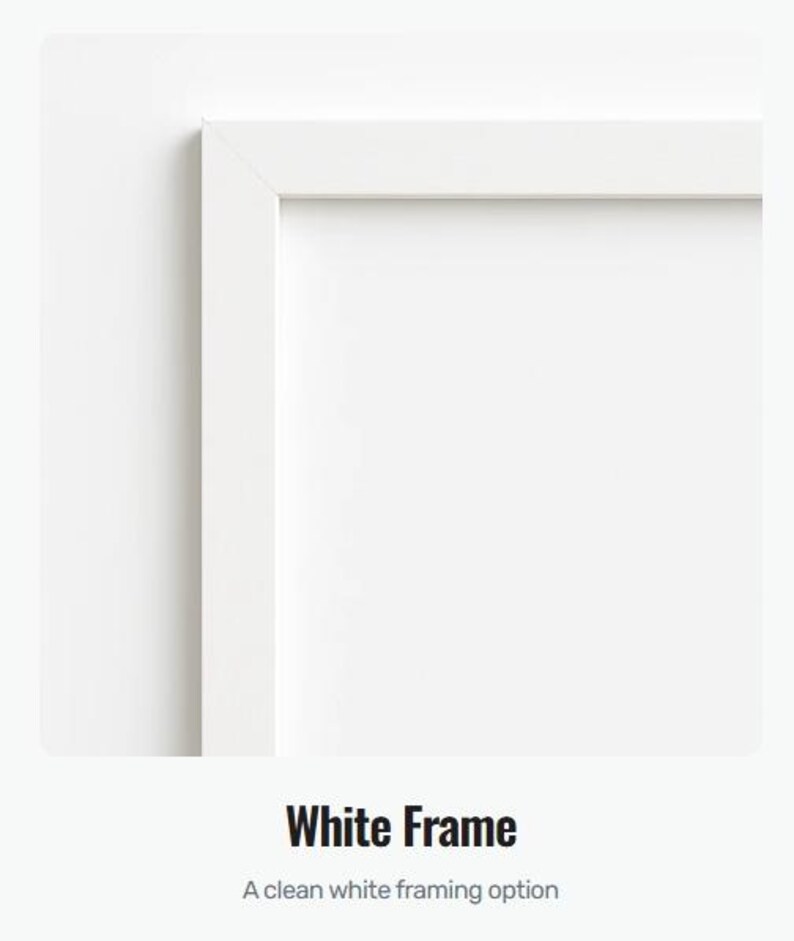 May include: A close-up of a white picture frame with a clean, modern design. The frame is a bright white color and has a simple, rectangular shape. The text "White Frame" is displayed below the frame.