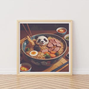 Póster ilustrado de ramen, impresión de comida de panda kawaii imaginario, póster de cocina, arte de fideos, ilustración de comida, impresión japonesa, póster kawaii
