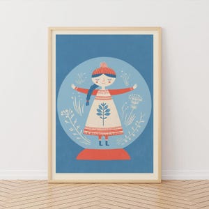 Poster illustrato di una palla di neve, decorazione da parete con una graziosa ragazza scandinava, stampa invernale, arte popolare, arte stagionale, decorazione da parete per ragazze, poster di arte nordica