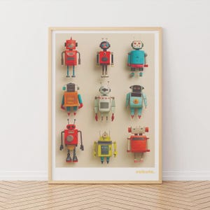 Poster di robot, stampa di robot giocattolo retrò, collezione di opere d'arte di robot, poster per bambini, regalo per la cameretta dei bambini, stampa per la sala giochi, camera da letto per ragazzi, robot vintage