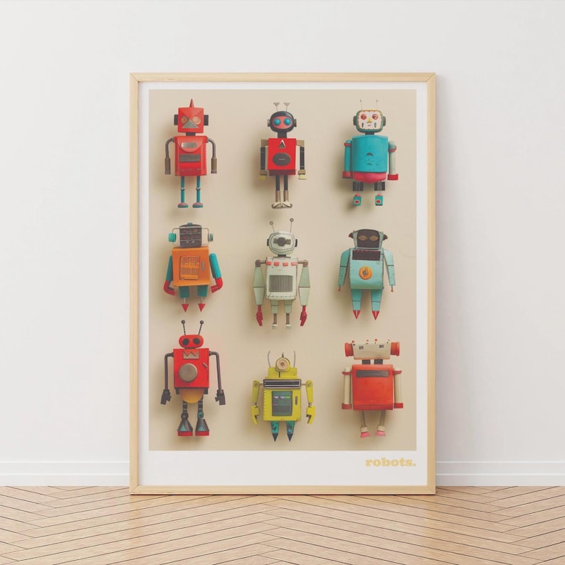 May include: A framed print featuring nine colorful robot illustrations. Each robot has a unique design with various shapes, colors, and details. The robots are arranged in a grid pattern against a neutral background. The word "robots" is printed in a small font at the bottom.