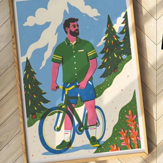 Stampa retrò di un ciclista sulle Alpi, ciclismo estivo in un