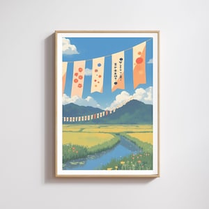 Anime-Druck, illustrierte Natur und Flagge, Anime-Stil Japanischer Druck, Flaggendruck, Kawaii-Stil Kunst, Anime Poster, Naturdruck, Landschaftsdruck