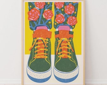 Colorful Sneaker Print: Pop Art Floral Trousers Poster, Boho, Hippy Teen Girl Wall art, Framed and Unframed Artwork