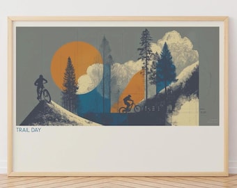 Pode incluir: Impressão artística emoldurada com uma cena de mountain bike com um sol laranja e ciclistas em silhueta. A obra de arte inclui árvores e o texto "TRAIL DAY" no canto inferior esquerdo. A paleta de cores inclui tons de cinza, azul e laranja.