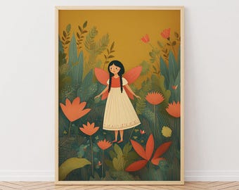 Garden Fairy Art Print: Storybook Style Children's Wall Decor, Little Girl's Bedroom Wall Gallery, Whimsical Fairy Poster
