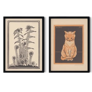 Coppia di stampe - Natura e gatto - Set di 2 stampe in offerta, poster di Julie de Graag, stampa di felci, duo di stampe xilografiche, stampa scontata, gatto e felci
