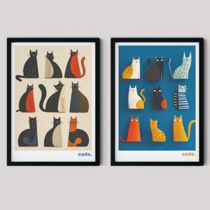 Cat Art Prints Set: Illustrated Feline Wall Decor, Gift for Cat Lover