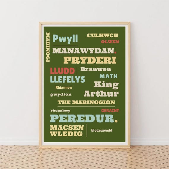 Mabinogion Print: Welsh Folk Story, King Arthur, Retro Typography - Olive