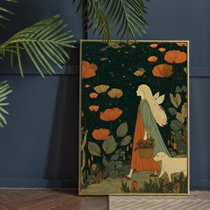 May include: A framed art print depicts a person with long blonde hair and wings, walking with a dog through a field of orange and yellow flowers. The person carries a basket of flowers, wearing a long orange dress and a green coat.