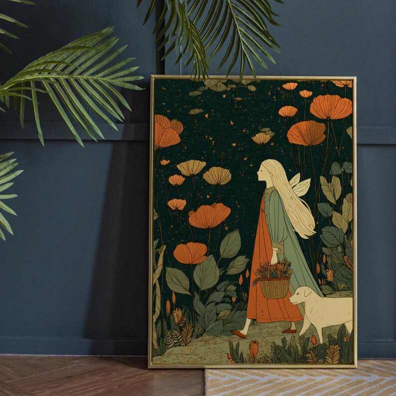 May include: A framed art print depicts a person with long blonde hair and wings, walking with a dog through a field of orange and yellow flowers. The person carries a basket of flowers, wearing a long orange dress and a green coat.