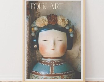 Folk Doll Print – Vintage Style Portrait Poster, Boho Wall Art