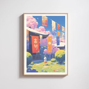 Anime Druck, Illustrierte Natur und Flagge, Anime Stil Japanischer Druck, Flagge Druck, Kawaii Stil Kunst, Anime Poster, Tempel Druck, Japanisch
