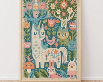 Retro Woodland Unicorn Nursery Print, Whimsical Forest Animals Wall Art