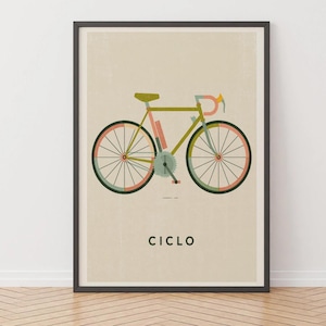 May include: A framed art print featuring a minimalist bicycle illustration. The bicycle is depicted in shades of green, pink, and yellow, with the word "CICLO" in black at the bottom. The artwork has a vintage aesthetic.