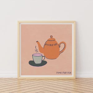 Poster con teiera, stampa artistica con tazza di tè, poster da cucina, citazione "Ora del tè", stampa quadrata, arte con tazza e piattino, arte con tecniche miste