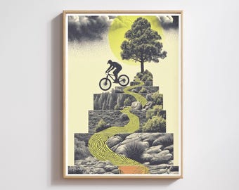 Könnte beinhalten: Gerahmter Kunstdruck mit einem Radfahrer auf einem Mountainbike, der eine Treppe hinauffährt. Das Kunstwerk hat ein gelbes und graues Farbschema, mit einem gewundenen gelben Pfad. Ein großer Baum und die Sonne befinden sich oben.