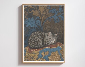 Cat Print: Sleeping Black and Grey Tabby Cat Art Poster