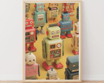 Puede incluir: Una impresión enmarcada que presenta una colección de coloridos robots de juguete vintage. Los robots son de varios colores, incluyendo rojo, azul, verde y amarillo, con diseños detallados y estética retro. El fondo es amarillo liso.