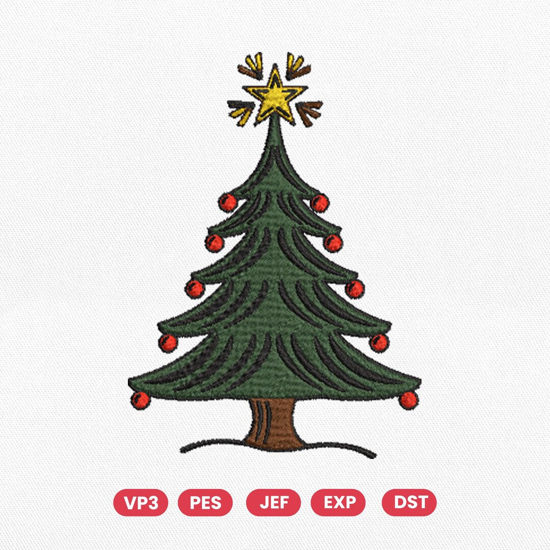 Christmas Tree Embroidery Design, Festive Pine Tree With Star and ...