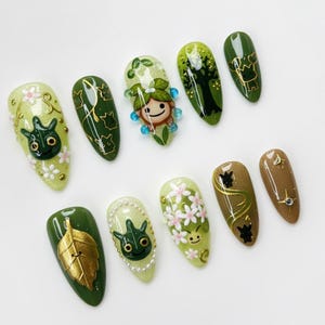 Korok Forest Press On Nails | Legend of Zelda Inspired Nail Art | Cute Green Fantasy Forest Nails | Gamer Gift for Her image 3