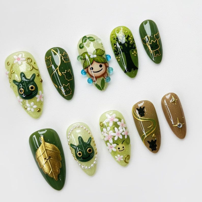 Korok Forest Press On Nails | Legend of Zelda Inspired Nail Art | Cute Green Fantasy Forest Nails | Gamer Gift for Her image 3